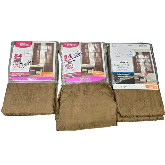 2 Brown Crushed 84" & 1 Voile Sheer 63" Curtain Panel Chocolate Brown - Picture 11 of 12
